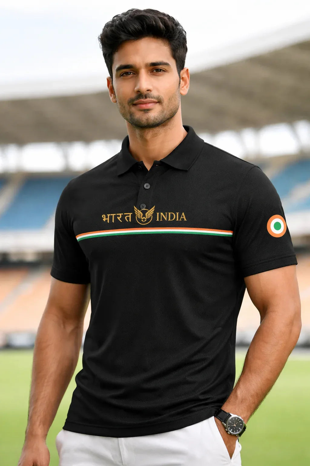 Premium Men's Bharat-India Emblem Polo T-Shirt - Black - VIVA ENTERPRISES 
