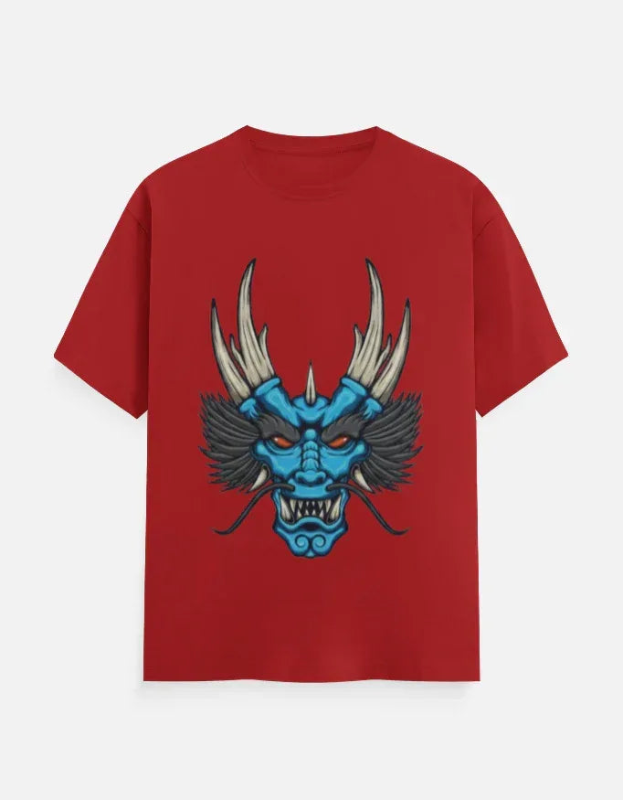 t-shirt with a blue and black stylized dragon head graphic. - VIVA ENTERPRISES 