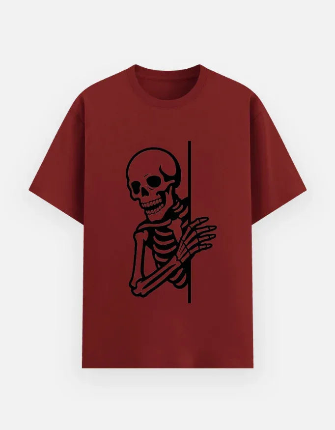 Skeleton Peeking T-Shirt | Spooky Skull Graphic Tee - VIVA ENTERPRISES 