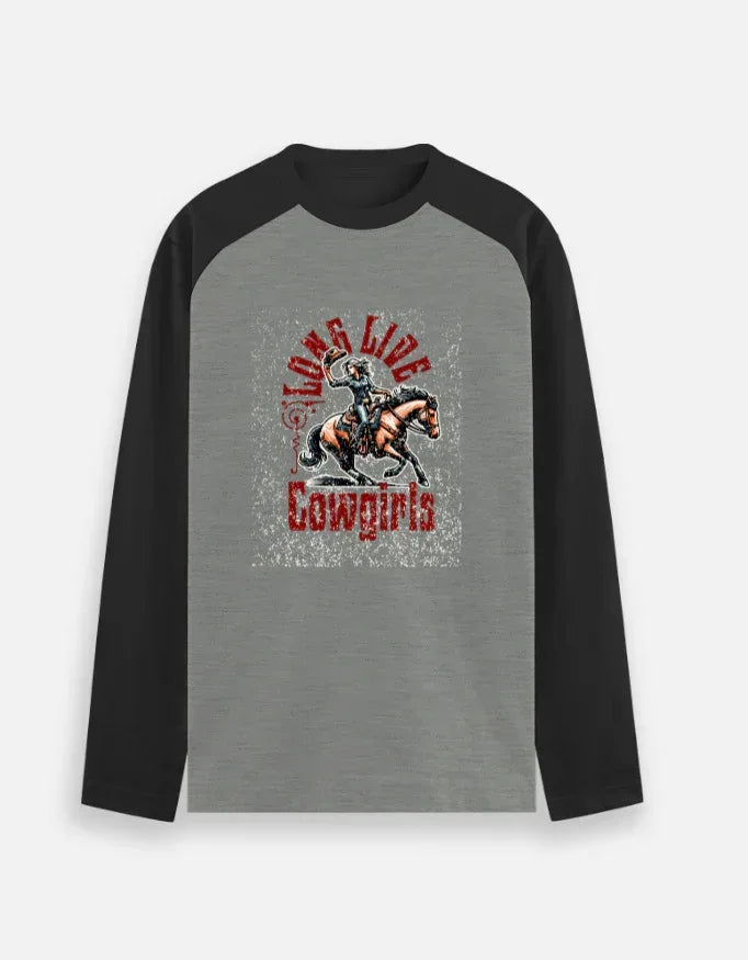 Vintage Cowgirl Horseback Raglan Sleeve Tee - VIVA ENTERPRISES 