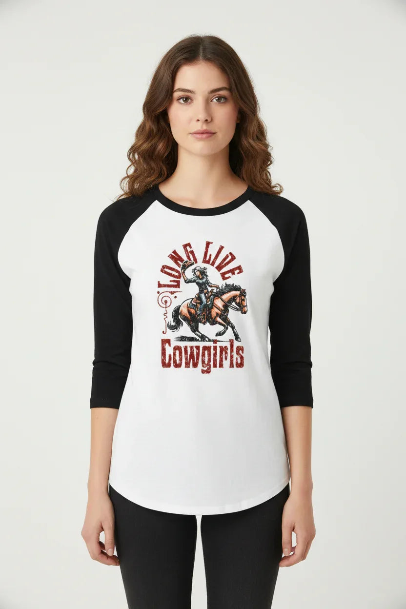 Vintage Cowgirl Horseback Raglan Sleeve Tee - VIVA ENTERPRISES 