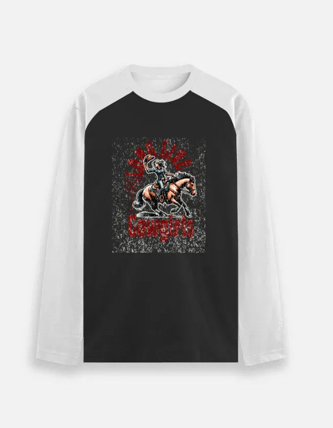 Vintage Cowgirl Horseback Raglan Sleeve Tee - VIVA ENTERPRISES 