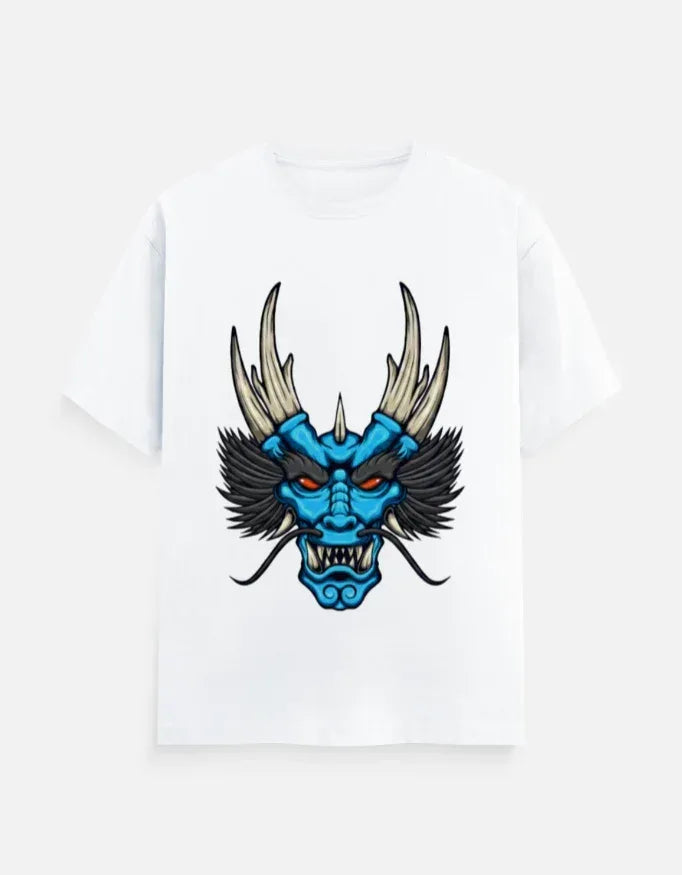 t-shirt with a blue and black stylized dragon head graphic. - VIVA ENTERPRISES 
