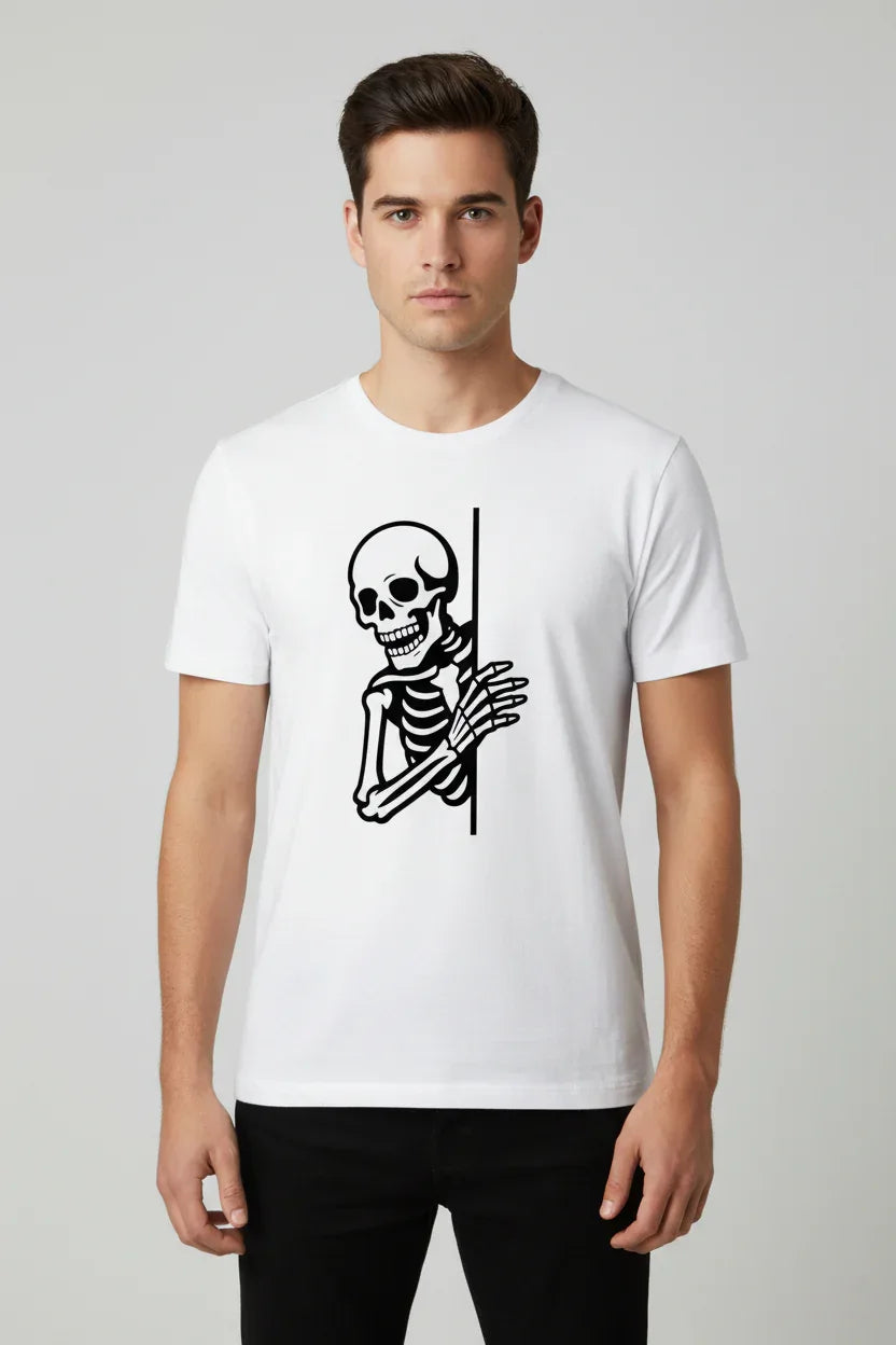 Skeleton Peeking T-Shirt | Spooky Skull Graphic Tee - VIVA ENTERPRISES 