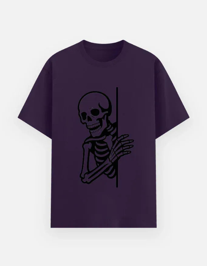 Skeleton Peeking T-Shirt | Spooky Skull Graphic Tee - VIVA ENTERPRISES 