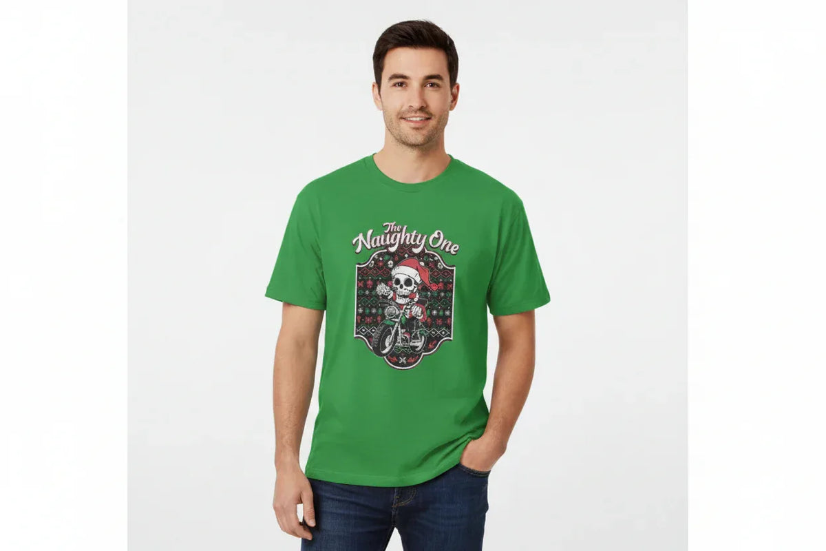 The Naughty One Skeleton Santa Motorcycle T-Shirt - VIVA ENTERPRISES 