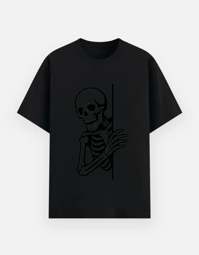 Skeleton Peeking T-Shirt | Spooky Skull Graphic Tee - VIVA ENTERPRISES 