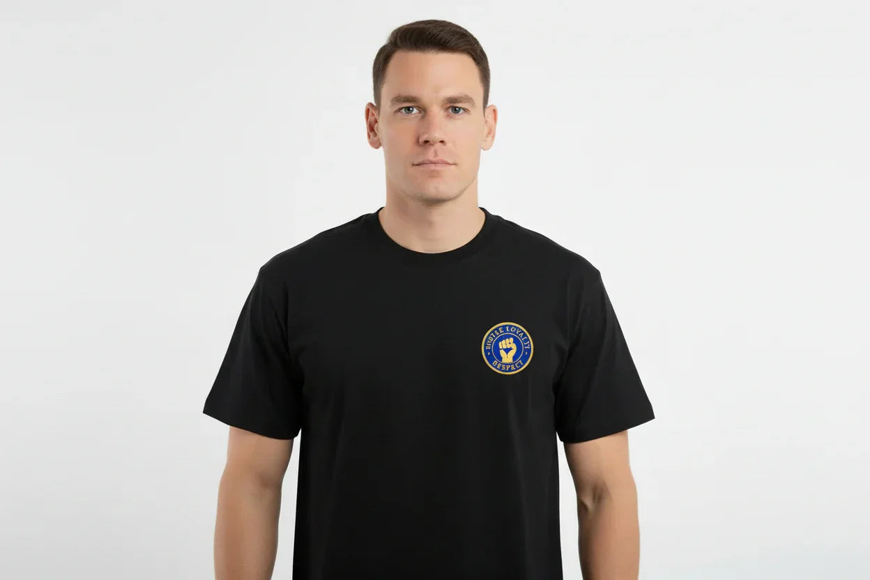 The Respect Emblem Tee – Hustle & Loyalty Graphic in Yellow and Blue - VIVA ENTERPRISES 