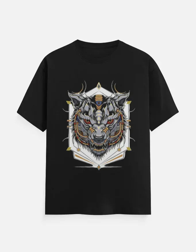 Sky-Blue T-shirt with Cyber-Wolf Graphic - VIVA ENTERPRISES 
