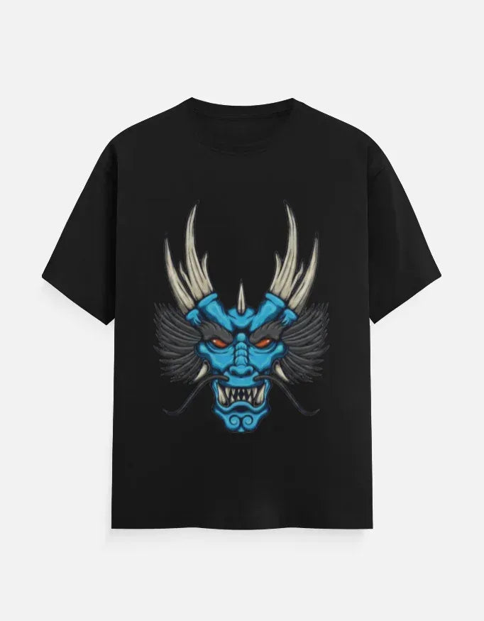 t-shirt with a blue and black stylized dragon head graphic. - VIVA ENTERPRISES 