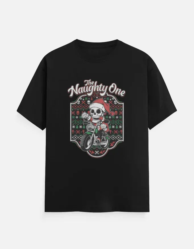 The Naughty One Skeleton Santa Motorcycle T-Shirt - VIVA ENTERPRISES 