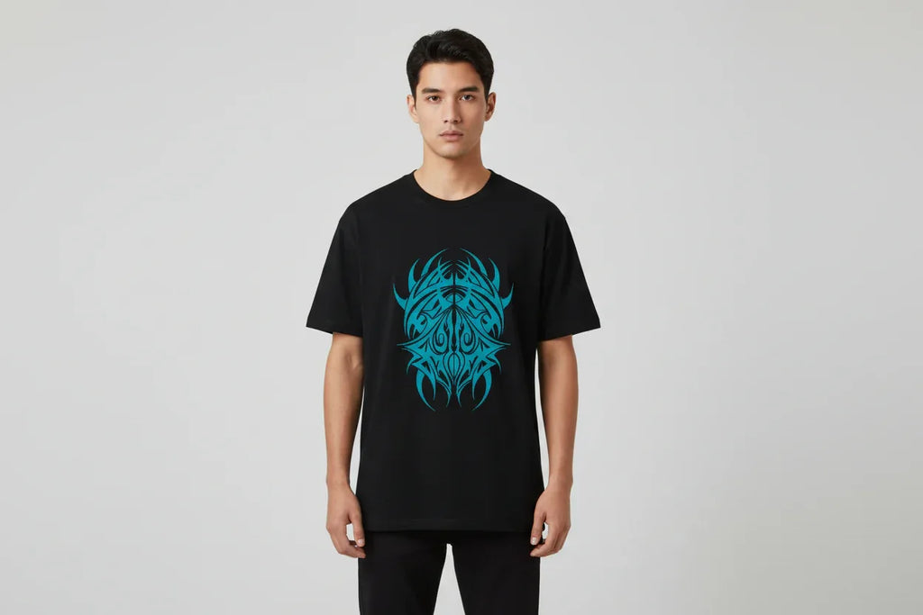 Black T-shirt with Aqua Tribal Abstract Graphic - VIVA ENTERPRISES 