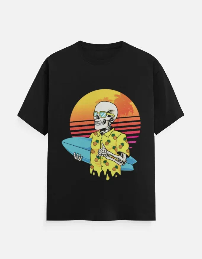 Retro Sunset Skeleton Surfer Blue T-Shirt - VIVA ENTERPRISES 
