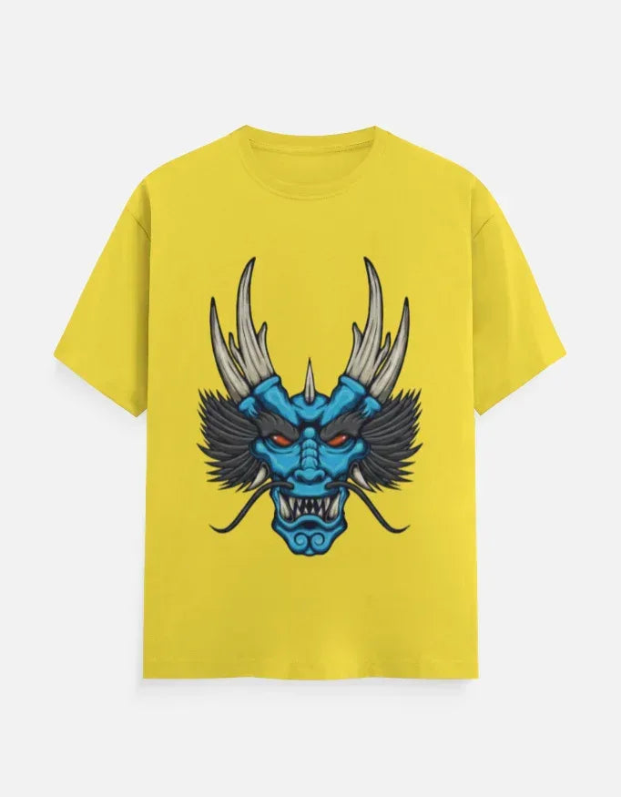 t-shirt with a blue and black stylized dragon head graphic. - VIVA ENTERPRISES 
