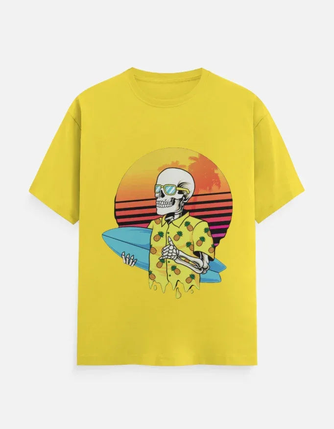 Retro Sunset Skeleton Surfer Blue T-Shirt - VIVA ENTERPRISES 