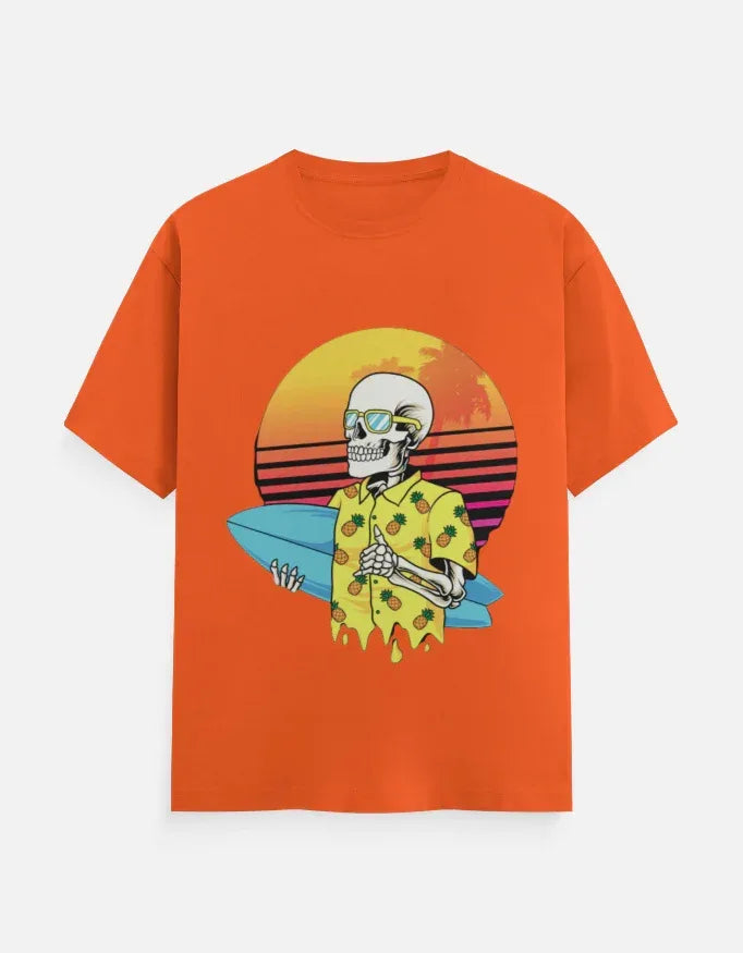 Retro Sunset Skeleton Surfer Blue T-Shirt - VIVA ENTERPRISES 