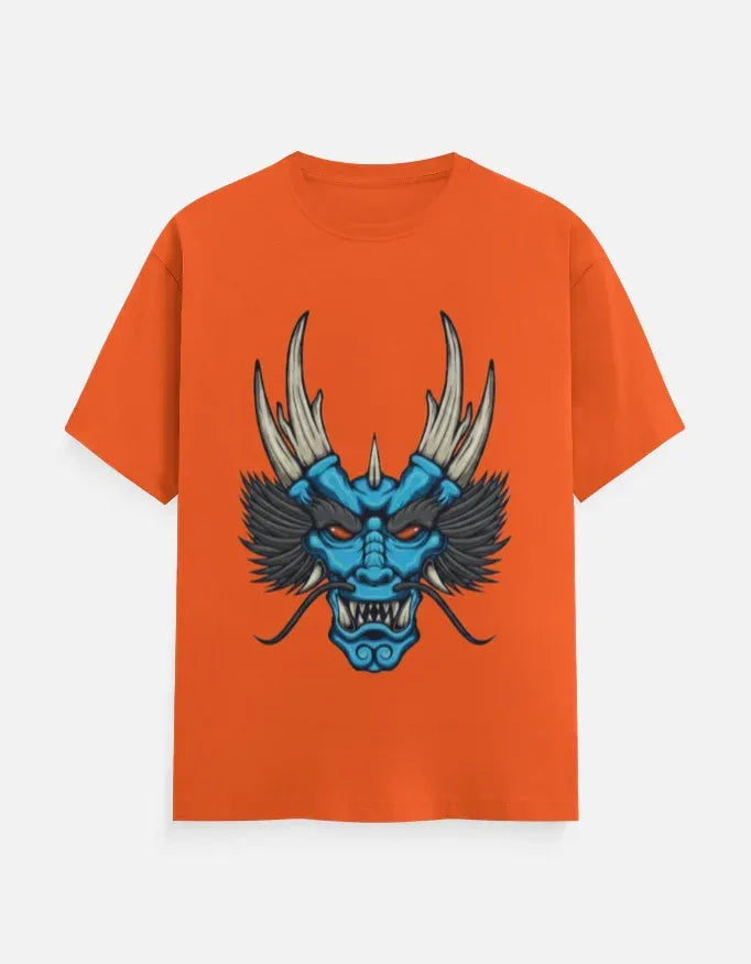 t-shirt with a blue and black stylized dragon head graphic. - VIVA ENTERPRISES 