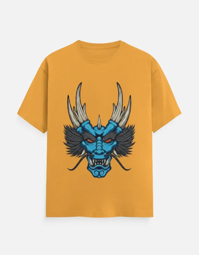 t-shirt with a blue and black stylized dragon head graphic. - VIVA ENTERPRISES 