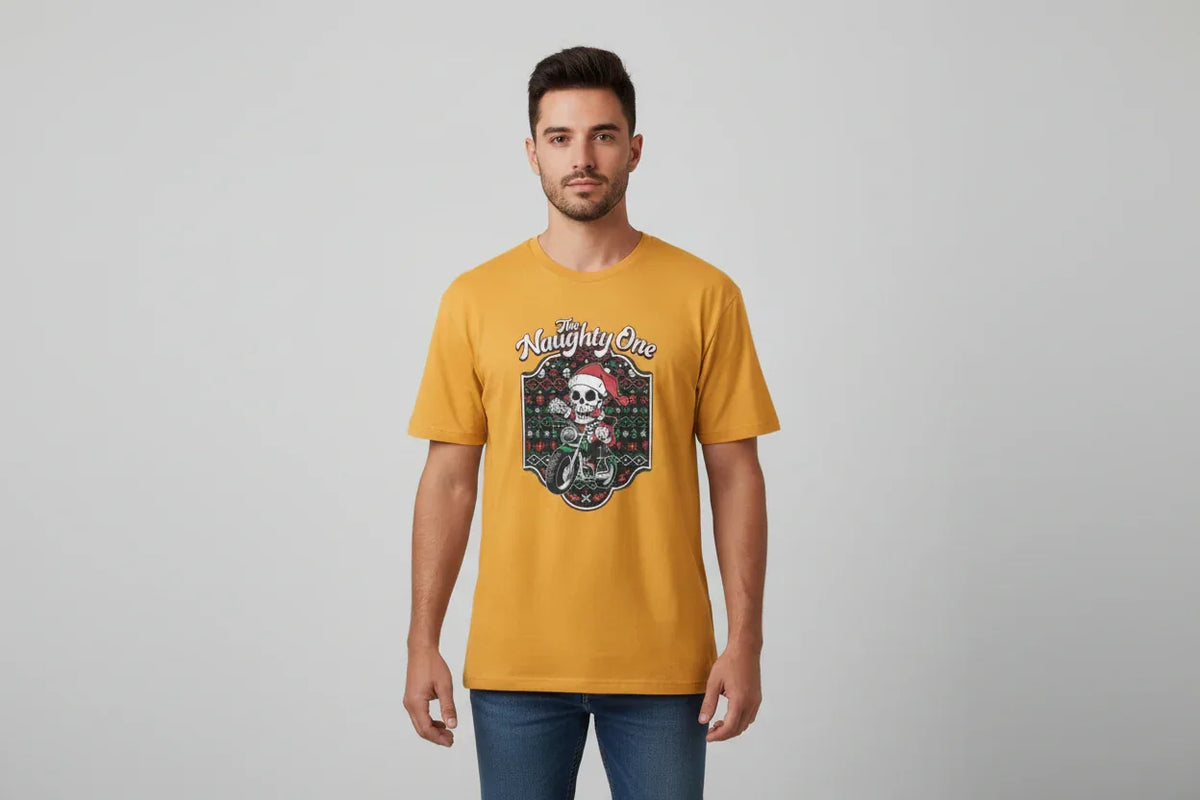 The Naughty One Skeleton Santa Motorcycle T-Shirt - VIVA ENTERPRISES 