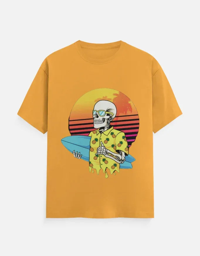 Retro Sunset Skeleton Surfer Blue T-Shirt - VIVA ENTERPRISES 