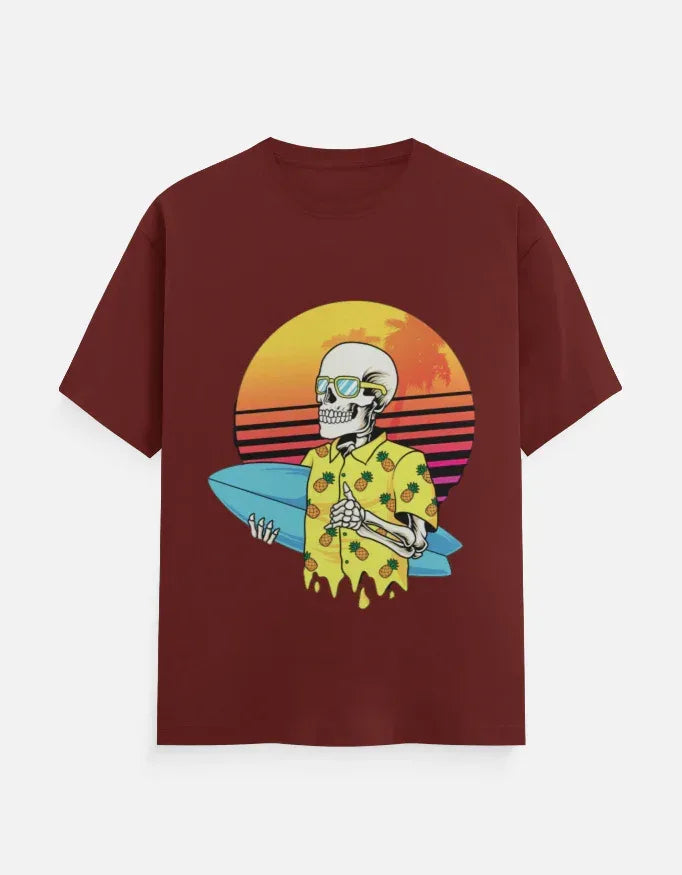 Retro Sunset Skeleton Surfer Blue T-Shirt - VIVA ENTERPRISES 