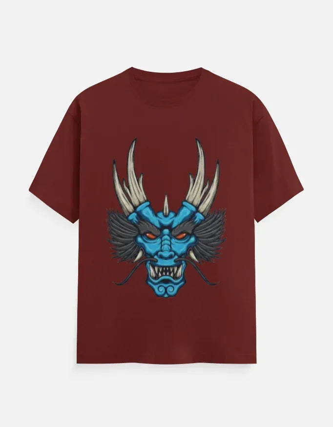 t-shirt with a blue and black stylized dragon head graphic. - VIVA ENTERPRISES 