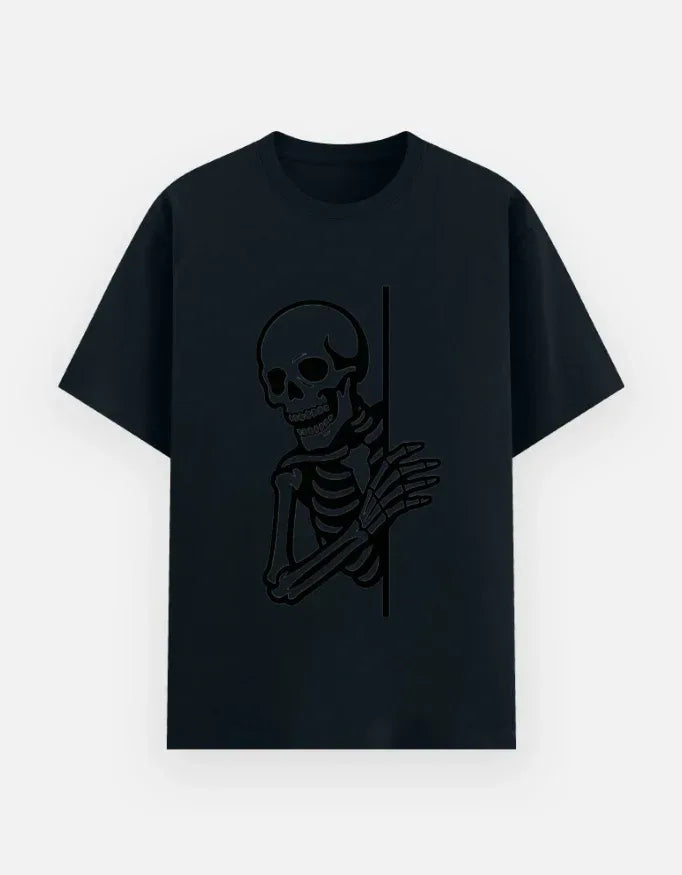 Skeleton Peeking T-Shirt | Spooky Skull Graphic Tee - VIVA ENTERPRISES 