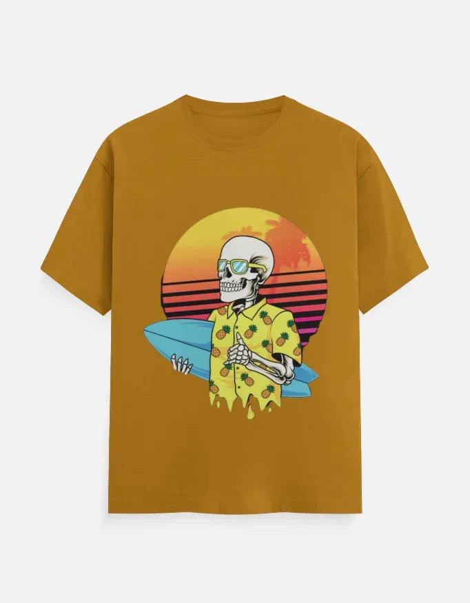 Retro Sunset Skeleton Surfer Blue T-Shirt - VIVA ENTERPRISES 