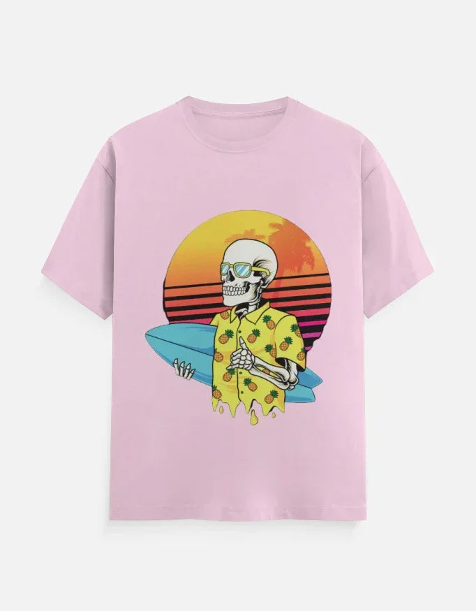 Retro Sunset Skeleton Surfer Blue T-Shirt - VIVA ENTERPRISES 
