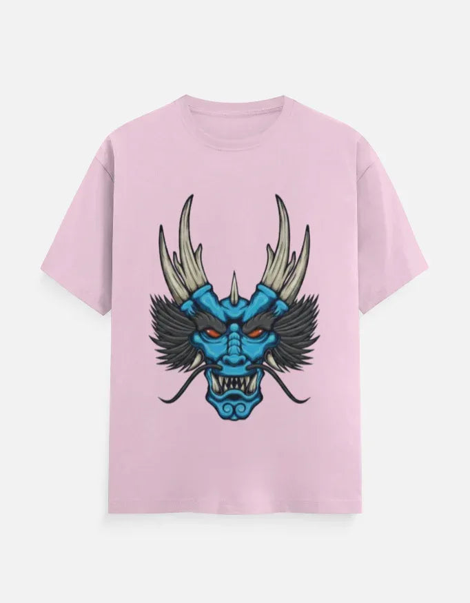 t-shirt with a blue and black stylized dragon head graphic. - VIVA ENTERPRISES 