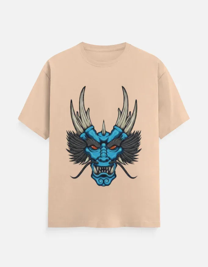 t-shirt with a blue and black stylized dragon head graphic. - VIVA ENTERPRISES 