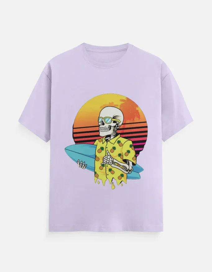 Retro Sunset Skeleton Surfer Blue T-Shirt - VIVA ENTERPRISES 