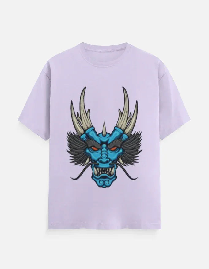 t-shirt with a blue and black stylized dragon head graphic. - VIVA ENTERPRISES 
