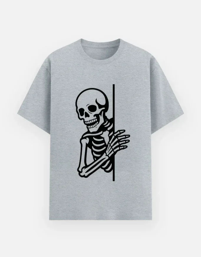 Skeleton Peeking T-Shirt | Spooky Skull Graphic Tee - VIVA ENTERPRISES 