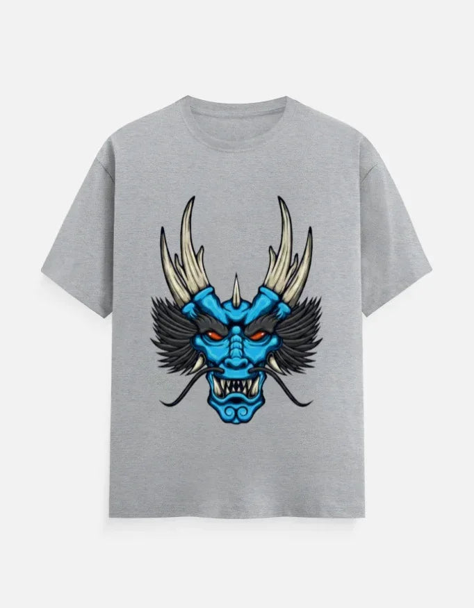 t-shirt with a blue and black stylized dragon head graphic. - VIVA ENTERPRISES 