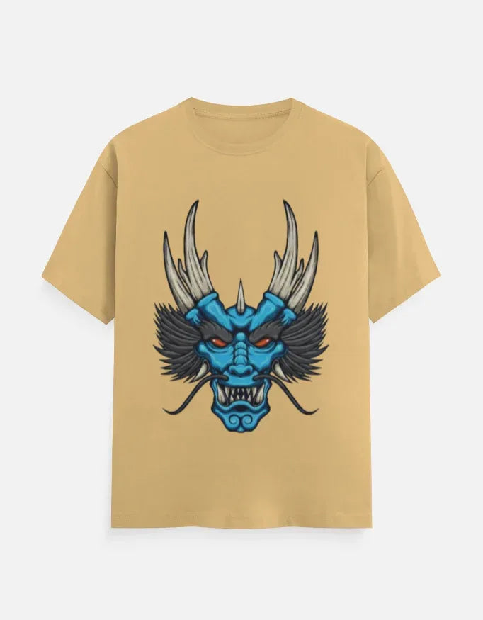 t-shirt with a blue and black stylized dragon head graphic. - VIVA ENTERPRISES 