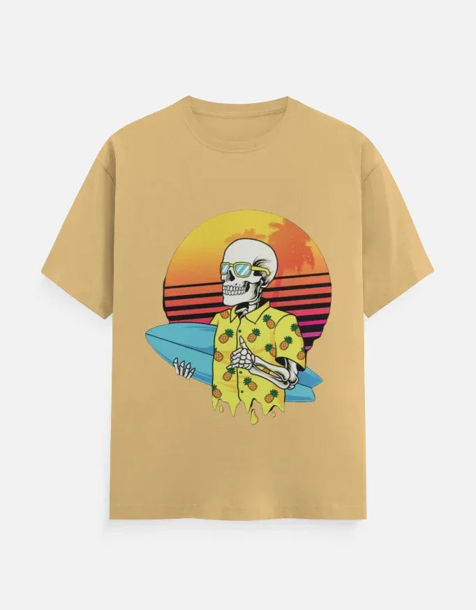 Retro Sunset Skeleton Surfer Blue T-Shirt - VIVA ENTERPRISES 