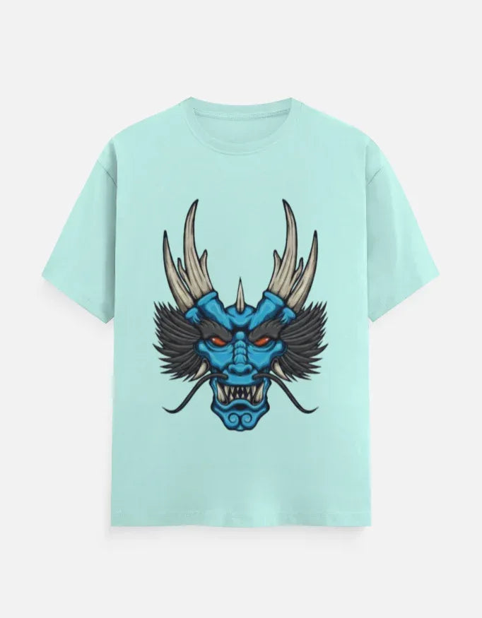 t-shirt with a blue and black stylized dragon head graphic. - VIVA ENTERPRISES 