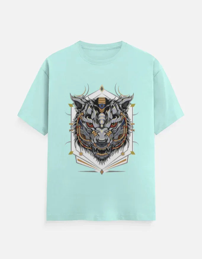 Sky-Blue T-shirt with Cyber-Wolf Graphic - VIVA ENTERPRISES 
