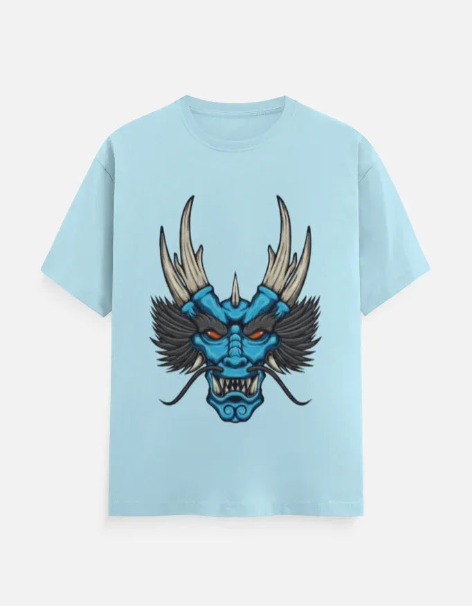 t-shirt with a blue and black stylized dragon head graphic. - VIVA ENTERPRISES 