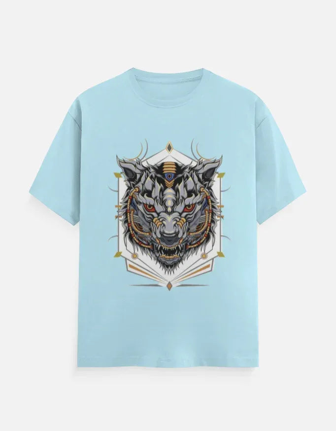 Sky-Blue T-shirt with Cyber-Wolf Graphic - VIVA ENTERPRISES 