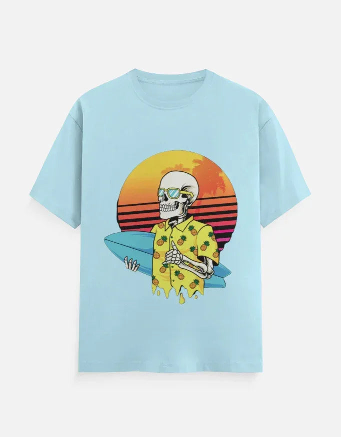 Retro Sunset Skeleton Surfer Blue T-Shirt - VIVA ENTERPRISES 
