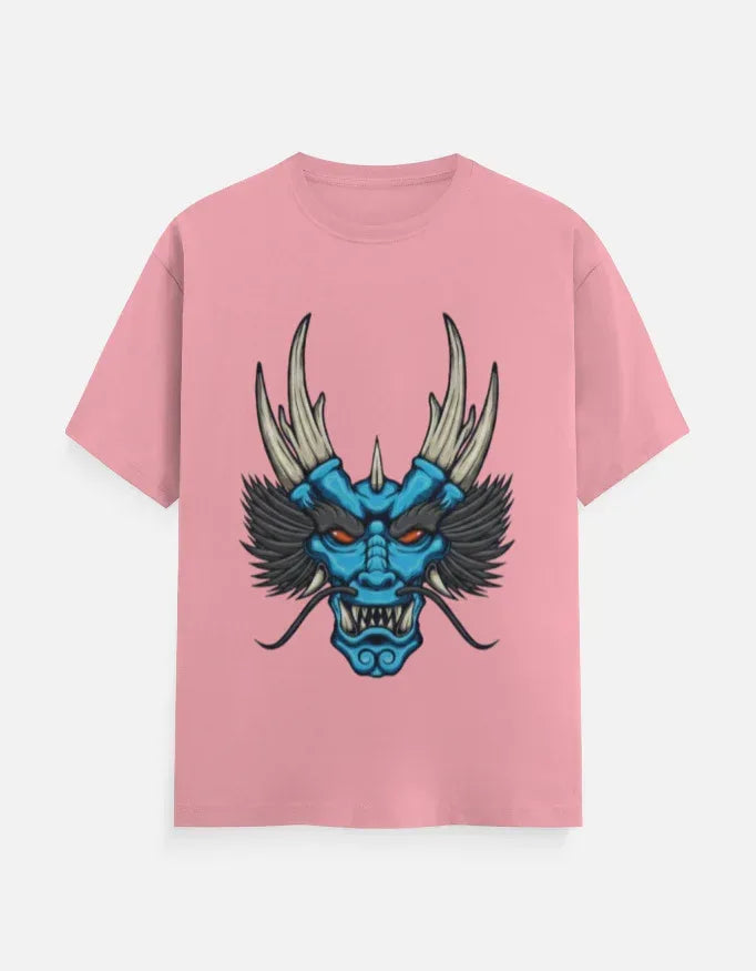 t-shirt with a blue and black stylized dragon head graphic. - VIVA ENTERPRISES 
