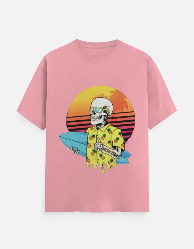 Retro Sunset Skeleton Surfer Blue T-Shirt - VIVA ENTERPRISES 