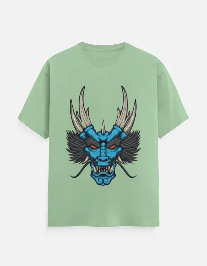 t-shirt with a blue and black stylized dragon head graphic. - VIVA ENTERPRISES 
