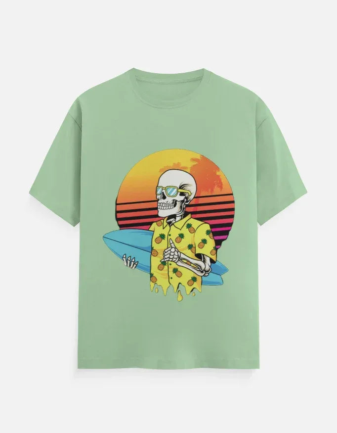 Retro Sunset Skeleton Surfer Blue T-Shirt - VIVA ENTERPRISES 