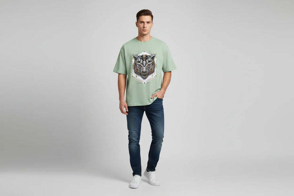 Sky-Blue T-shirt with Cyber-Wolf Graphic - VIVA ENTERPRISES 