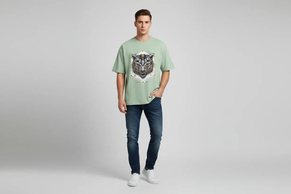 Sky-Blue T-shirt with Cyber-Wolf Graphic - VIVA ENTERPRISES 
