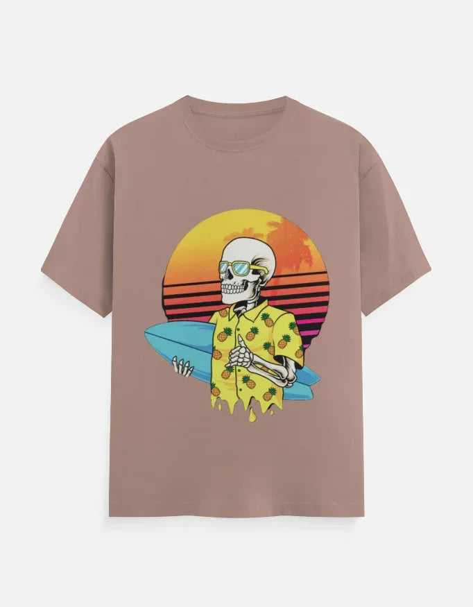 Retro Sunset Skeleton Surfer Blue T-Shirt - VIVA ENTERPRISES 