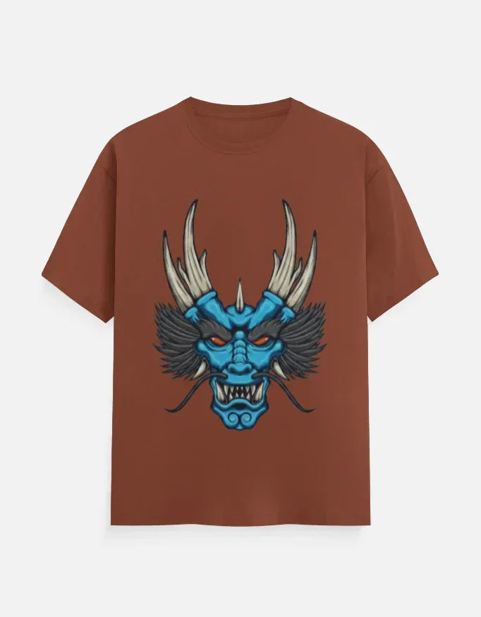 t-shirt with a blue and black stylized dragon head graphic. - VIVA ENTERPRISES 